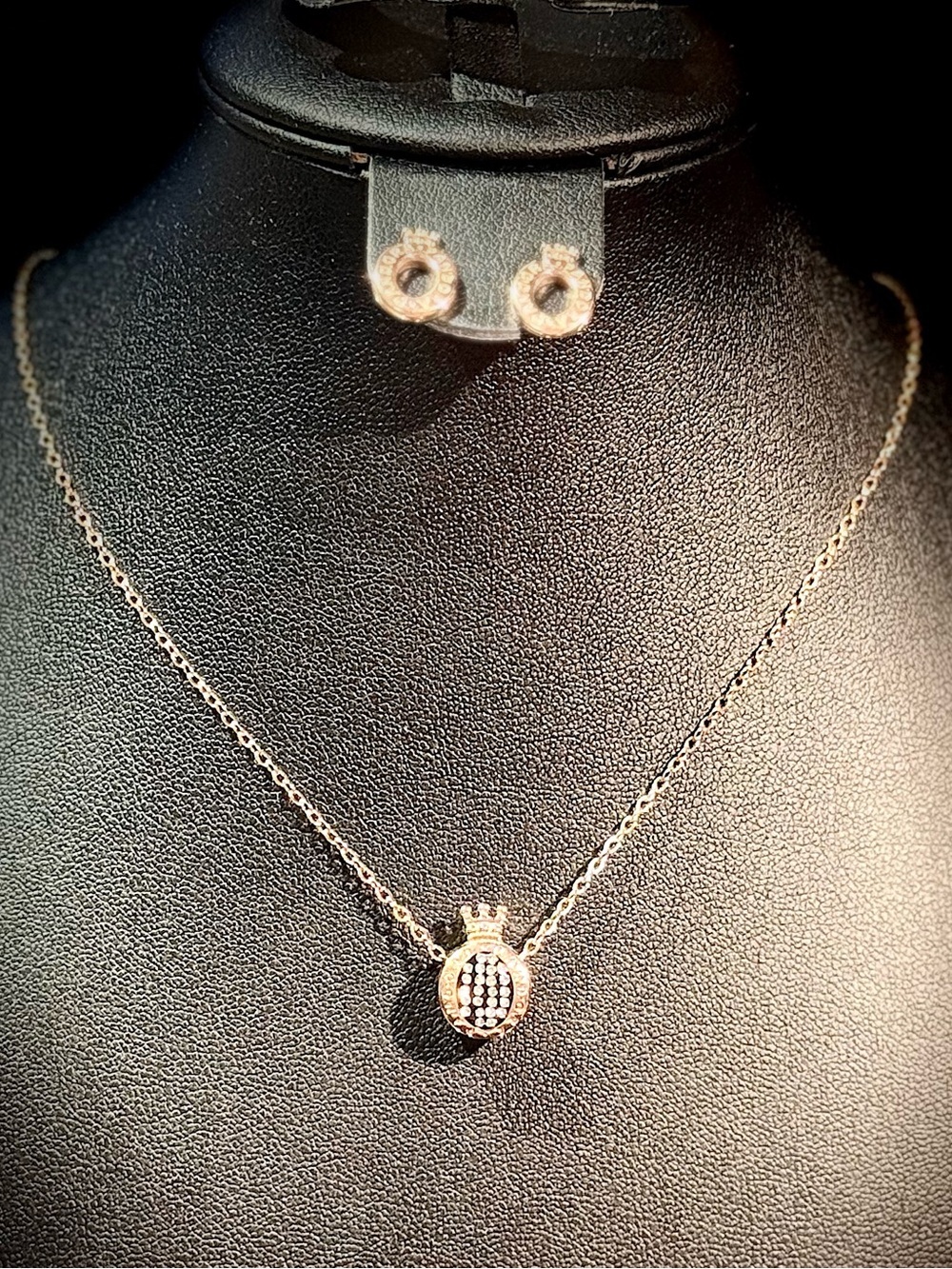 Rose Gold Crown Pendant Necklace and Stud Earrings Set
